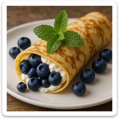 a French crepe filled with blueberries and cream cheese, rolled and topped with fresh mint, photorealistic sticker