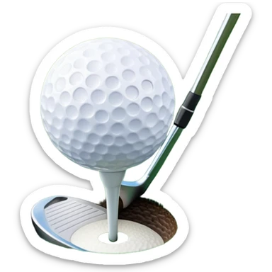 A golf ball on a tee, with a golf club placed beside it on the lush green fairway. The background shows a serene golf course with neatly trimmed grass and a clear blue sky, emphasizing the elegance and precision of the game. sticker