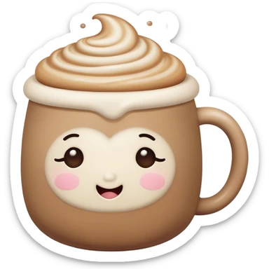 Cute Kawaii Coffee Cup, cozy and warm, a tiny swirl of steam shaped like a heart, round chubby face with a sleepy but content expression, soft pastel brown and cream colors, perfect morning vibes! sticker