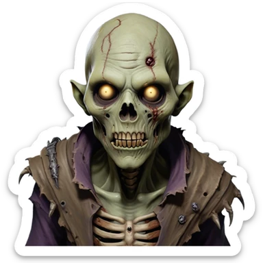 Cinematic Realistic WoW undead friendly zombie Portrait, head tilted epicly and inquisitively, showcasing grim resilience and defiant strength. His withered, pallid skin and intense, glowing eyes contrast starkly with his worn, earth-toned clothes, rendered in meticulous detail. With dynamic, high-contrast lighting and high shine, this portrait exudes an epic aura, capturing the relentless will of a battle-hardened undead friendly zombie. sticker