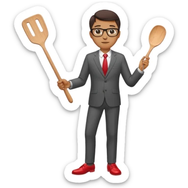 man with glasses wearing a suit and red shoes holding a spatula sticker