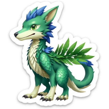 Cute cool fantasy animal hybrid Sergal-Digimon-Fakemon full body, green scales, green leaves, brown eyes, blue feathers sticker