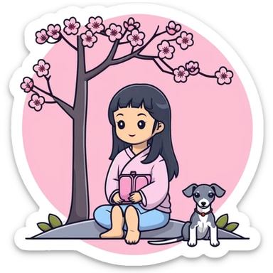 A young Chinese girl with long black hair and a pure dark grey Italian Greyhound with absolutely NO white markings anywhere on its body sitting under a cherry blossom tree. The dog must be completely solid dark grey with no white on muzzle, paws, or chest. sticker