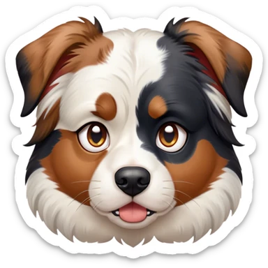 Cinematic Grumpy Calico Australian Shepherd Portrait Emoji, Head tilted slightly with a deeply unimpressed expression, thick predominantly white fur with distinct black, tan, and red merle calico patches, large, droopy blue eyes narrowed into an unamused glare, ears slightly drooping in exasperation, Simplified yet comically expressive features, highly detailed, glowing with a dry, sarcastic glow, high shine, effortlessly judgmental yet dignified, stylized with a touch of cynicism, bright but brooding, soft glowing outline, capturing the essence of an eternally unimpressed yet endearing pup, so lifelike it feels like it could sigh heavily at you in disdain at any moment! sticker