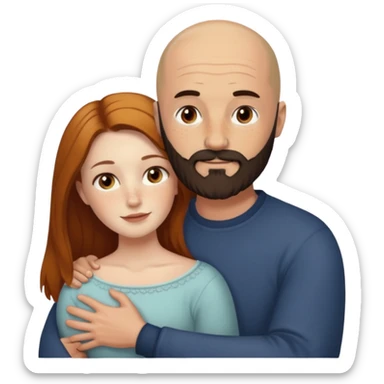 Couple. Bald man with dark brown-black beard. White woman with many small, faded freckles, she has white skin and she has auburn-yellow-brown-cinnamon, dark long hair. She has light brown eyes. The man have hazel eyes. Retro style. They hug. sticker