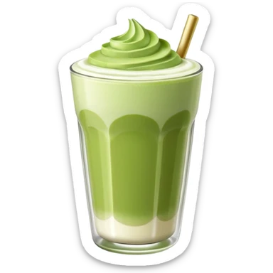 Matcha latte glossy 3D en vaso de vidrio minimalista, realista, estilo sticker, sin cara ni rasgos humanos, capas matcha y leche suaves, espuma ligera arriba, reflejos sutiles, fondo transparente. sticker