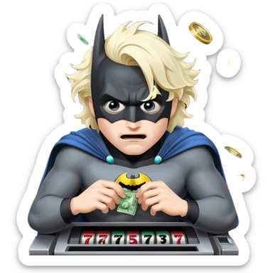 disheveled bat man losing money at a slot machine, panicked face, coins flying sticker