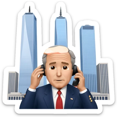  emoji of the world trade center with a plane crashed into it and george bush on a phone in front of them sticker