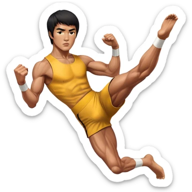 Cinematic Realistic portrait of Bruce Lee, shown as a legendary martial artist in a dynamic, powerful pose with modern athletic attire and finely detailed muscle definition, rendered in dramatic action lighting sticker