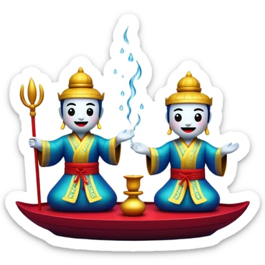 Cinematic Realistic Water Puppetry Emoji, depicted as a whimsical scene of traditional water puppets performing on a reflective water stage, rendered with vivid textures and dynamic playful lighting that captures its enchanting charm. sticker