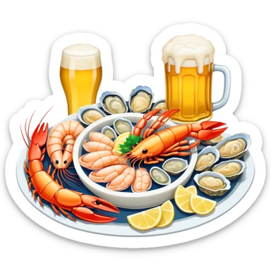 Qingdao seafood with beer, simplified emoji style with bold outlines and bright colors, cartoon style Chinese seafood platter with yellow beer sticker