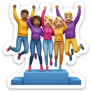 multi-racial men and women standing on a winners’ podium with the middle podium position elevated, no numbers on podium, casually dressed in fun colorful jeans t-shirts and hoodies, one person jumping with excitement, excited fun expressive emoji style sticker