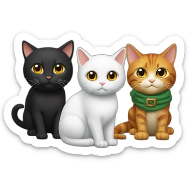 un chat roux, un chat noir en écaille tortue et un chat noir et blanc l'un à côté de l'autre sticker