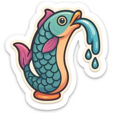 Redesign this elongated fish-fountain in retro-stickers style, without decoration, with detailed drawing, shadows and highlights, thin clean contours, soft rounded shapes, pastel palette #98B5BC, #B5B3C1, #C9A3C9, #E4C0CA, #F7DCD1, #F7C0AA, modern Japanese pop-art, soft lighting, transparent background. sticker