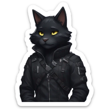 Gorgeous furry dark techwear anime style anthro black cat furry sona Fakémon aesthetic and pretty edgy black with collar and harness trending style sticker