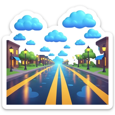 a rainy road at night with shiny wet pavement, cartoon clouds, and glowing streetlights in 3D emoji style sticker