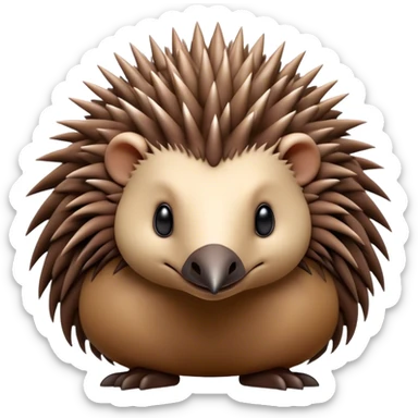 Cinematic Noble Echidna Portrait Emoji, Poised and regal, with a compact, spiky build and a textured, bristly fur in earthy browns, a distinctive pointed snout and keen, soulful eyes, Simplified yet sharp and sophisticated features, highly detailed, glowing with a warm, dignified glow, high shine, intelligent and resilient, stylized with an air of prickly elegance, focused and attentive, soft glowing outline, capturing the essence of a watchful and confident echidna, so majestic it feels as though it could scurry out of the screen with effortless authority! sticker