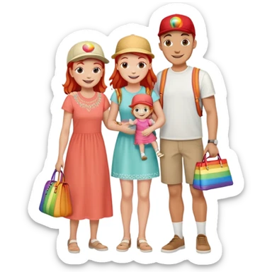 A happy family of four - father in white t-shirt and cap, mother with red hair in coral dress, young daughter in matching dress with rainbow handbag, teenage son in light embroidered shirt, all smiling together sticker