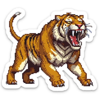saber-toothed tiger with a miniature body and massive 8-inch-long canine teeth, extremely exaggerated fangs extending far from tiny head sticker