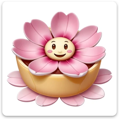 Sakura pudding shaped like a flower with a smiling face and cherry blossom petals sticker