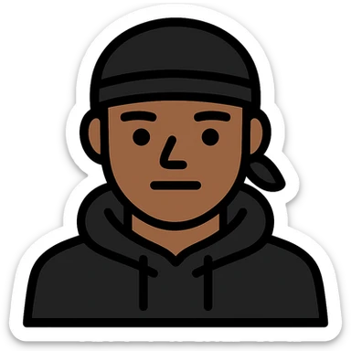 Edit the image to make the man look like the people emojis style with a clean-shaven face (remove the beard). Change the durag to black while keeping the black hoodie and the overall icon look consistent with people emojis style. sticker