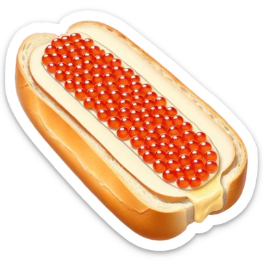Apple style 3D emoji of a slice of fresh baguette with creamy butter and a generous layer of shining red caviar.
Realistic textures but in a clean 3D icon style. Soft reflections on the caviar pearls, delicious look, isolated on a white background. sticker