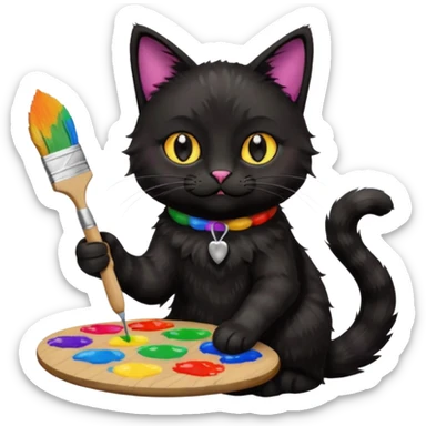 A black cat holding brushes and a colour pallete because he is an artist sticker