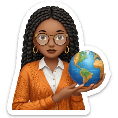 a young woman wearing fine gold round glasses and black hair in several box braids, no earrings, she has light black skin, and she's wearing a white shirt with an orange-terracotta cardigan on top. She's holding a globe in one hand sticker
