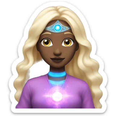 magical diva with thin pink andromedan face long blonde hair and blue eyes glowing third eye sticker