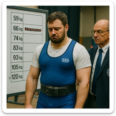realistic European powerlifter in competition clothing, standing in front of a board with weight categories, name crossed out, downcast look, competition official beside, atmosphere of disappointment, detailed, competition hall background sticker