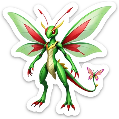  Cool Edgy Shiny Futuristic Ethereal Legendary Scizor-Kartana-Digimon-Schyther-Flygon-hybrid full body with butterfly wings sticker