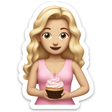 White woman, long hair, blonde hair, wavy hair, baby pink dress, holding birthday cupcake sticker
