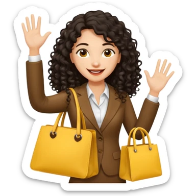 medium deep tan brown business woman with long black curly hair, waving hand with happy face with smile mouth and carrying yellow bag on her shoulder sticker