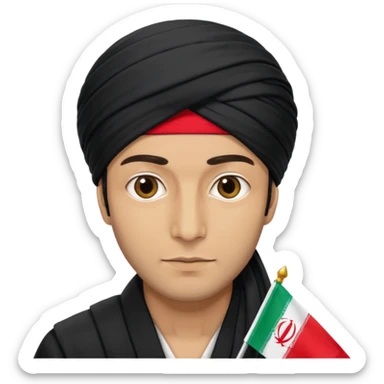 A man with a black turban and an Iranian flag sticker