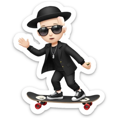 ["A sad boy with pale skin, bald, wearing a sunhat and sunglasses, dressed in goth fashion, is skateboarding while holding a flower bouquet."] sticker