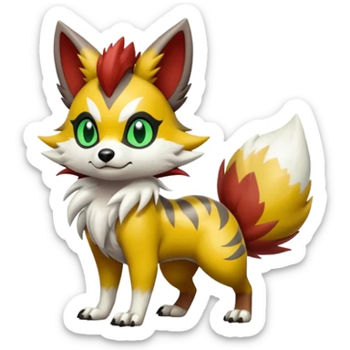 Green-Yellow-Mango-Gradients-colored Lycanroc-Furret-Zorua-Poochyena-fusion, full body, with black and white edgy markings patterns sticker