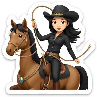 confident Asian woman with long black hair wearing black outfit riding a horse cowgirl style with a lasso sticker