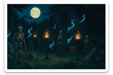 midnight within the ruins of abandoned castle yard, protrude boulders, amid iron torches and crates tucked behind, skeleton warriors, wisps, and wolves linger just in the edge of view behind scenery sticker