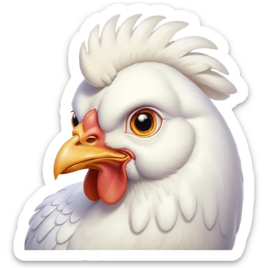 Cinematic Noble White Chicken Portrait Emoji, Poised and regal, with a compact, sturdy build and a pristine, well-groomed pure white plumage, deep-set soulful beady eyes, Simplified yet sharp and sophisticated features, highly detailed, glowing with a soft, dignified glow, high shine, intelligent and alert, stylized with an air of barnyard elegance, focused and attentive, soft glowing outline, capturing the essence of a watchful and confident fowl, so majestic it feels as though it could strut out of the screen with effortless authority! sticker
