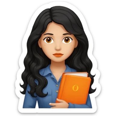 Long Hair Women with orrange Book, Black wavy hair, sad

 sticker