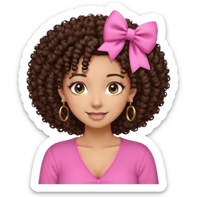 Naturally tan skin girl short darkBrown curly afropink shirt very long lashes hoop gold earrings Brown eyes gyaru smiling closed mouth cute bow hairclip small on the side. V neck pink shirt sticker