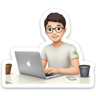 A asian coding 25 year old bright smile coding on his laptop with bright background room with a plant sticker