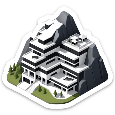 Isometric exterior black and white mountain resort hotel, modern dollhouse style 3D realistic  sticker