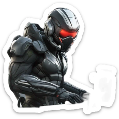 developer behind his laptop with this style : Crytek Crysis Video game with nanosuit character hacker themed character sticker