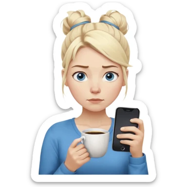 Cartoon emoji of a Scandinavian-looking woman with light blonde hair, pale skin, blue eyes. Portrait mode. Messy bun, tired eyes, tense face. Holding phone and coffee, rushed posture. Clearly busy, overwhelmed, slightly miserable. Smooth, simple, stylized sticker