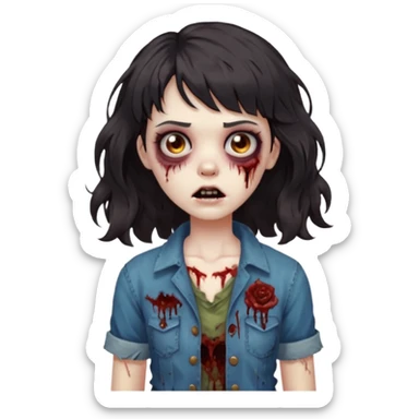 A zombie with big wavy dark hair and short bangs sticker