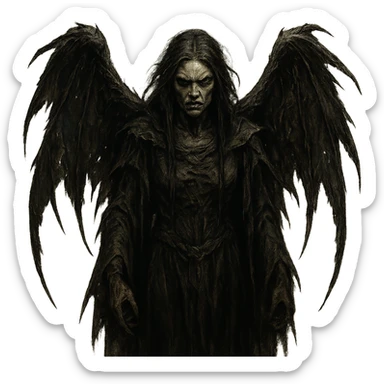 A dark angel with tattered wings and a fierce expression, in a dark, eerie fantasy style. sticker