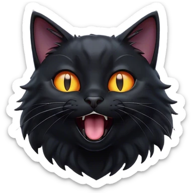 Cinematic Comical Black Cat Portrait Emoji, Head tilted dramatically while yawning exaggeratedly, sleek black fur with subtle hints of dark gray, Simplified yet hilariously adorable features, highly detailed, glowing with an almost sarcastic glow, high shine, a mix of lazy and curious, stylized with a touch of playful whimsy, bright and alert but with a comical expression, soft glowing outline, capturing the essence of a mischievous yet overly dramatic kitten, so funny it feels like it could leap off the screen and sassily demand attention! sticker