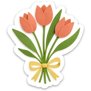 tulip bouquet with ribbon, delicate paper layers, naturalistic pose, expressive leaves and stems sticker