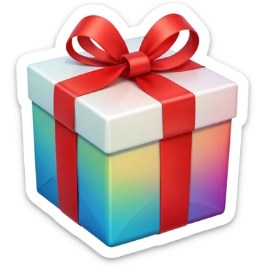 A square gift box tied with a bright red ribbon, in Apple iPhone emoji style. Vibrant colors, smooth gradients, glossy highlights, clean simple shapes, no outlines, slight 3D depth. sticker